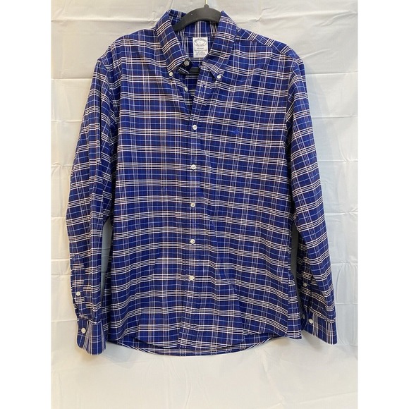 Brooks‎ Brothers Regent Fit Size L Button Down Supima Cotton Shirt Blue Plaid - Picture 1 of 8